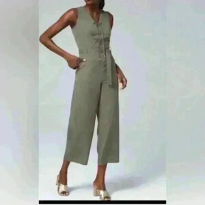 White House Black Market Crop Tie Front Jumpsuit Olive Green Size 4 NWT